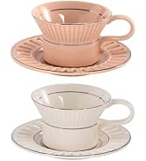 KAMMAK Tea Cups and Saucers Set of 2, 6.7oz Porcelain Coffee Cups with Saucers, Ceramic Espresso ...