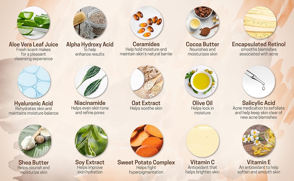 ceramides, cocoa butter, retinol, olive oil, oat extract, vitamin e, vitamin c, shea butter