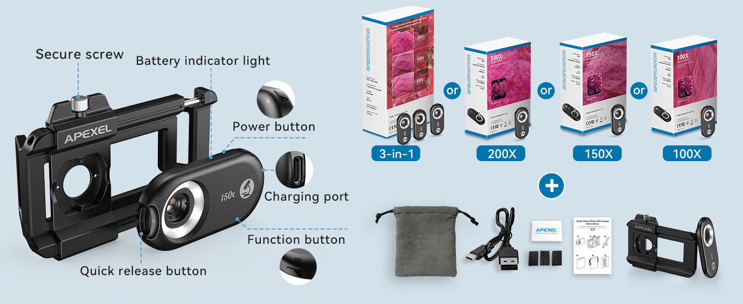 APEXEL 100X/150X/200X/3-IN-1 Phone Microscope Lens