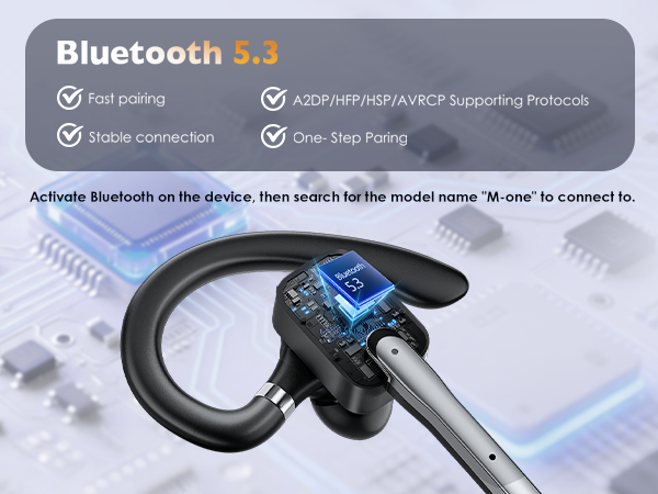 Text reads "Bluetooth 5.3" with listed features including "Dual pairing", "AAC/aptX/aptX/LHDC supporting Protocols", "Snap charging mode". Black ear-hook style Bluetooth headset with blue accents and technical specifications visible.