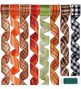 8 Rolls 48 Yards Assorted Fall Plaid Wired Ribbons Buffalo Check Ribbon Glittered Random Fiber Me...