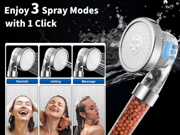 Rainfall, Jetting, Massage mode, enjoy 3 spray modes with 1 click!