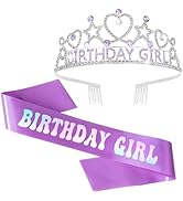 ACO-UINT Purple Birthday Girl Tiara and Sash Set - Sparkling Rhinestone Crown with Heart/Star Des...