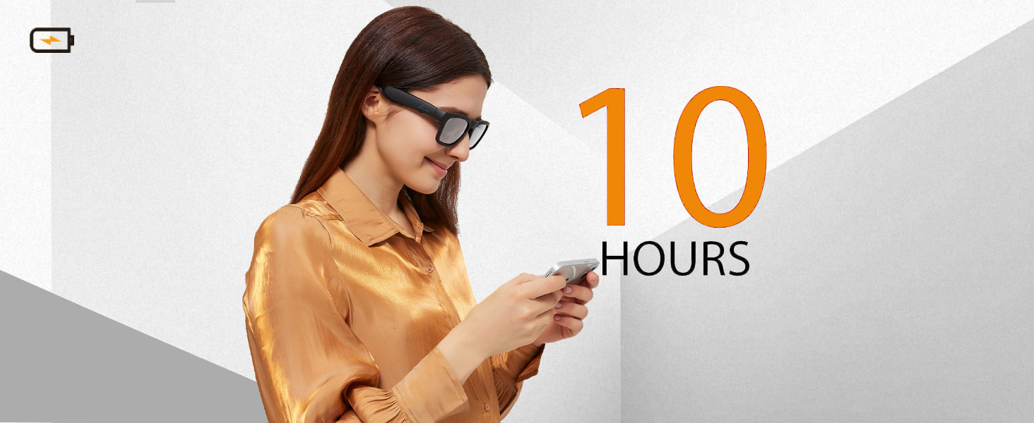 Text reads '10 HOURS'. Series of images showing person using a handheld device, suggesting extended battery or usage time of 10 hours.