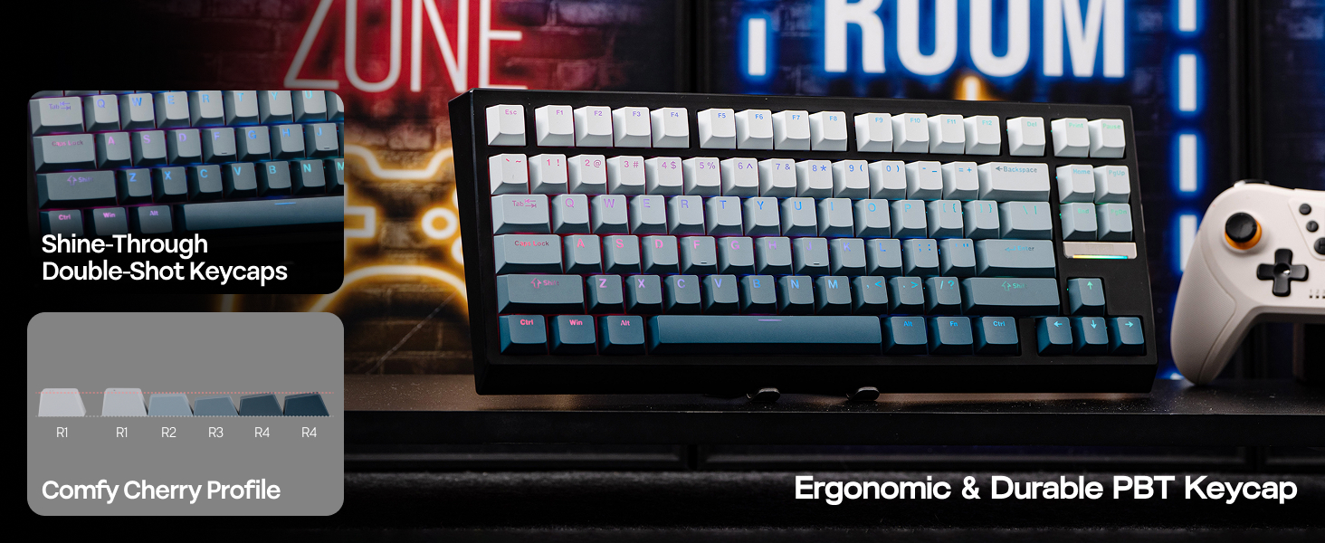 Text reads 'Ergonomic & Durable PBT Keycap'. Multiple keyboard images showing close-up views of keycaps and keyboard layout with blue backlighting.
