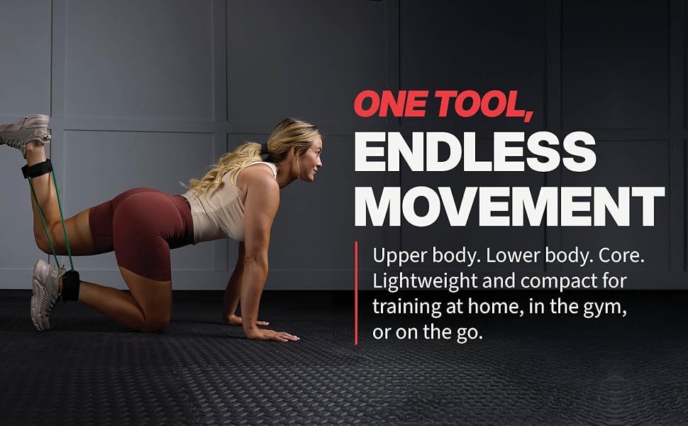 Woman performing lower body exercise with resistance band ankle cuffs for full body workout