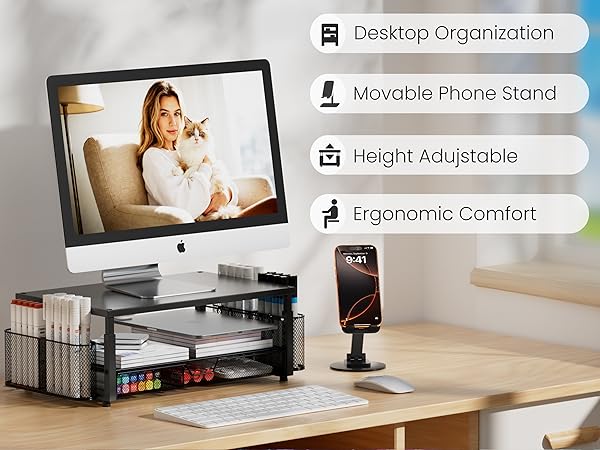 Why choose us?---Height Adujstable,Movable Phone Stand,Organise your desk spac, Ergonomic Comfort