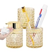 Fvstar Amber Bathroom Accessories Set of 3, Glass Toothbrush Holder, Gold Foaming Soap Dispenser,...