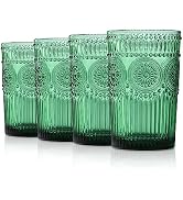 Joeyan Green Vintage Drinking Glasses,Embossed Ribbed Water Glass Cups,Colored Sunflower Patterne...