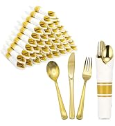 cheerserve Gold Plastic Silverware 50 Guests,Silverware Set Disposable Cutlery Set Include 50 For...