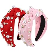 Wecoe 2pcs Knot Headbands Pearl Rhinestone Wide Cloth Headbands Cute Pink Red Head Bands Non Slip...