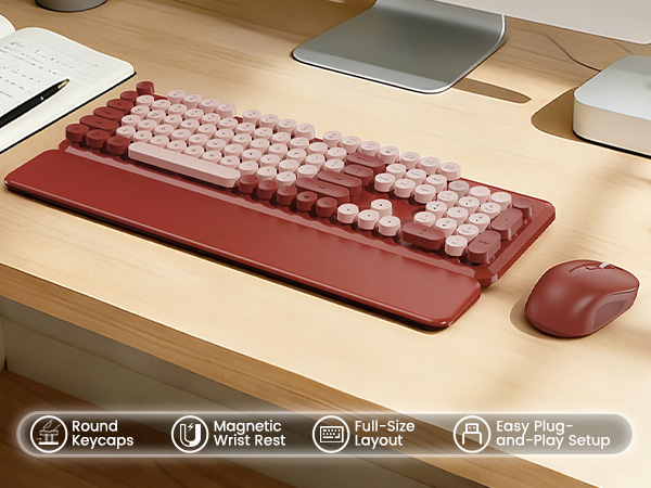 Burgundy retro keyboard and mouse with round keycaps, magnetic wrist rest, and plug-and-play setup.