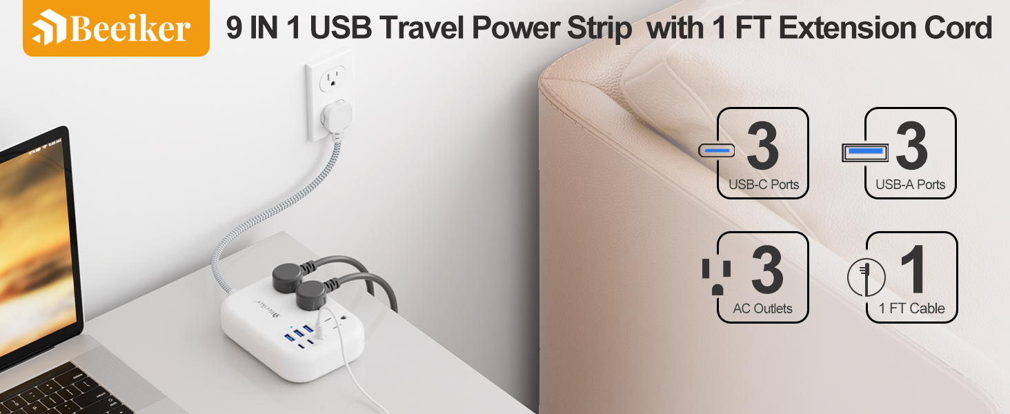 Short Extension Cord 1 Ft- 6 USB(3 USB C) Travel Power Strip with 24W USB Charging Station