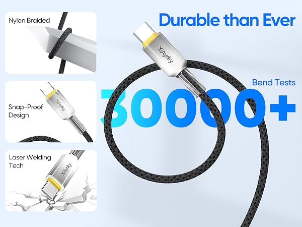 gradient crystal USB C cable, nylon braided, 30000+ bend resistant, reinforced anti-break connector