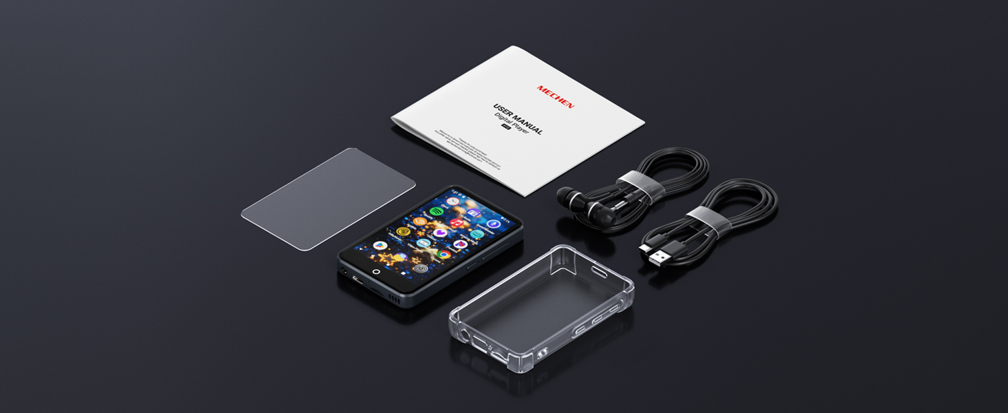Black smartphone or device with protective case and screen protector, shown from multiple angles highlighting product features.