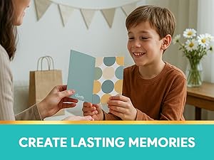A parent giving her son the blank note cards and envelopes for his birthday.