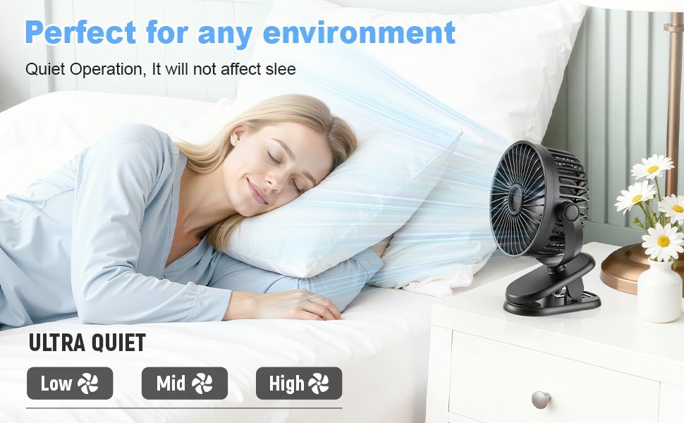 Text reads 'Perfect for any environment ULTRA QUIET' followed by images demonstrating noise levels in different settings, including bedroom scenes.