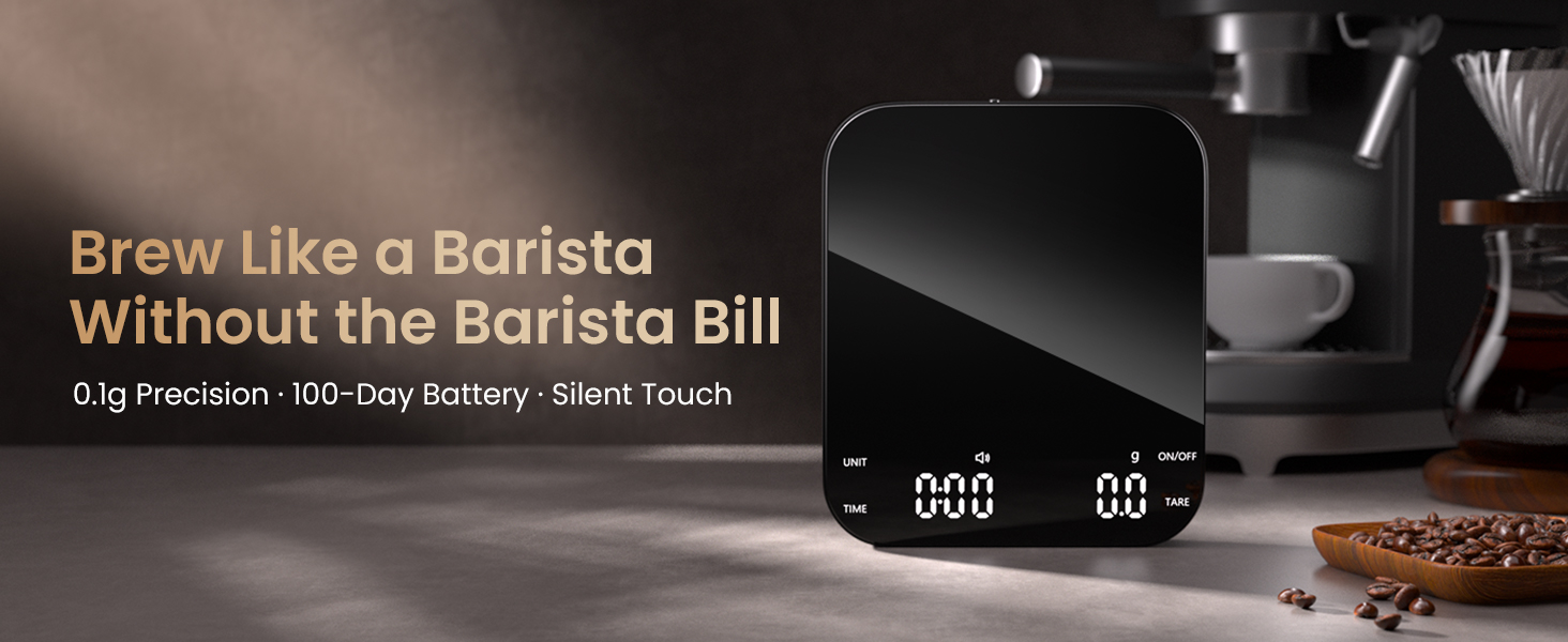 coffee scale with 0.1g precision, 100-day battery life, silent touch buttons, brew like a barista
