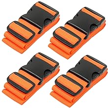 Four orange and black luggage straps with adjustable buckles, designed for securing suitcases or bags during travel.