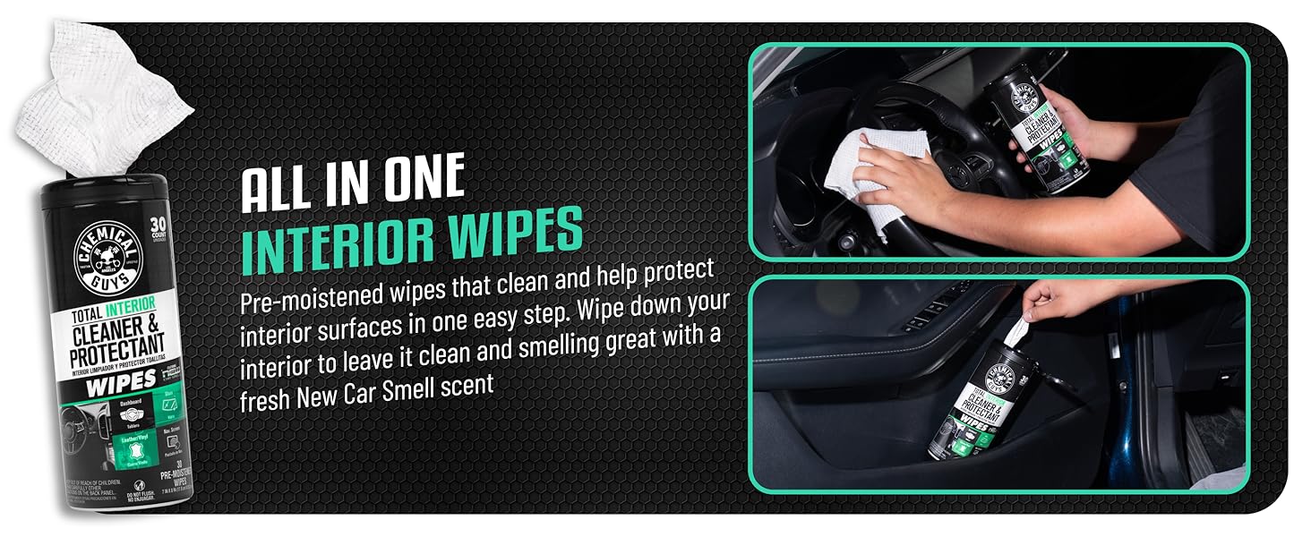 Automotive interior wipes restoring clean finish on steering wheel, dash, and interior trim