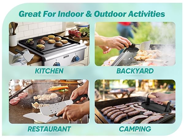 Our flattop griddle accessories set if great for kitchen cooking, backyard barbecue, camping trip,