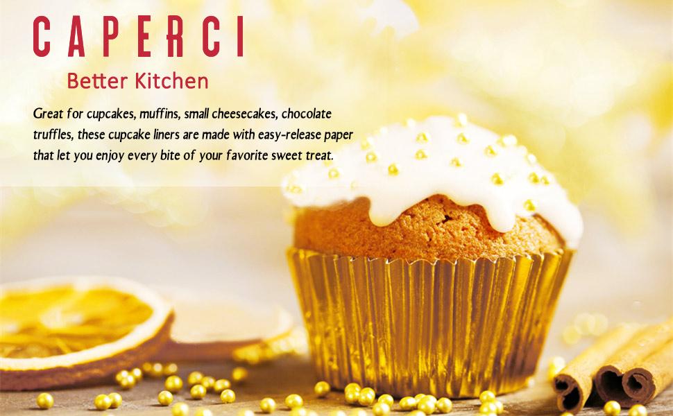 Caperci Gold Foil Cupcake Liners Baking Muffin Cups Standard size 160-pack