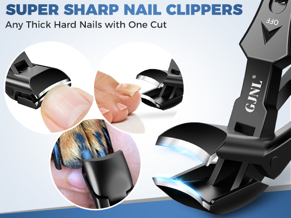 Heavy-duty nail clippers with sharp cutting edge, demonstrated cutting thick nails in circular inset images. Features black metal construction.