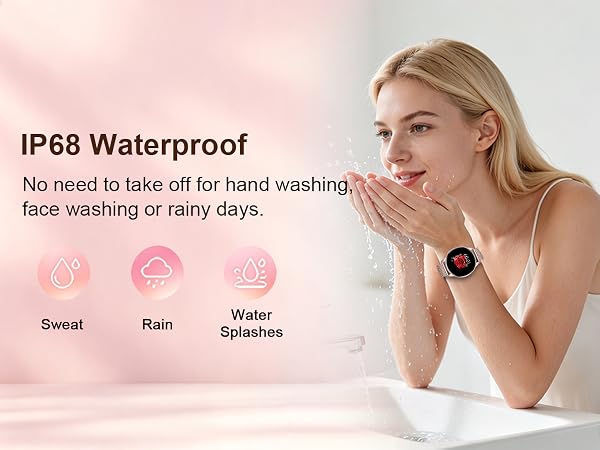 Text reads 'IP68 Waterproof', 'No need to take off for hand washing, face washing or rainy days', 'Sweat', 'Rain', 'Water Splashes'. Woman wearing smartwatch displaying waterproof protection specifications with icons.