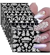12 Sheets White Nail Art Stickers 3D Self Adhesive White Flower Nail Stickers White Lace Leaf Nai...