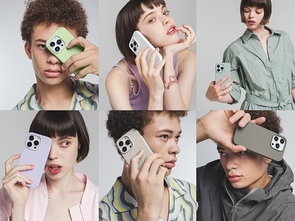 Collage of six images showing people holding and using smartphones with light-colored cases. Various poses and facial expressions are depicted.