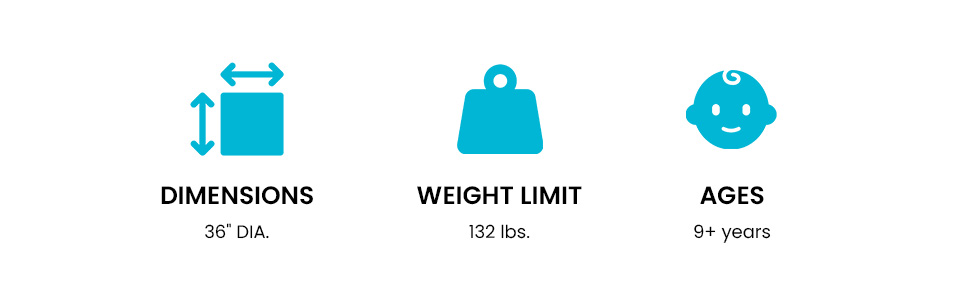 The specs and dimensions of a swimming pool float for kids. Text reads: Capacity. 132 lbs.