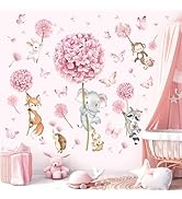 decalmile Animal Flower Pink Dandelion Wall Stickers Forest Animals Elephant Fox Monkey Wall Deca...