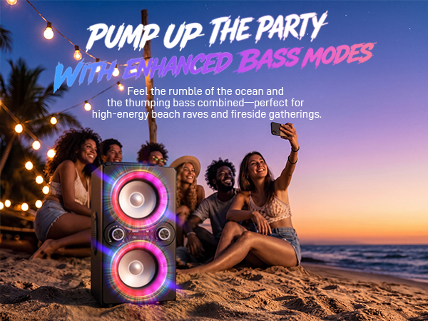 A group snaps a sunset beach photo beside a powerful boombox radiating vibrant neon lights.