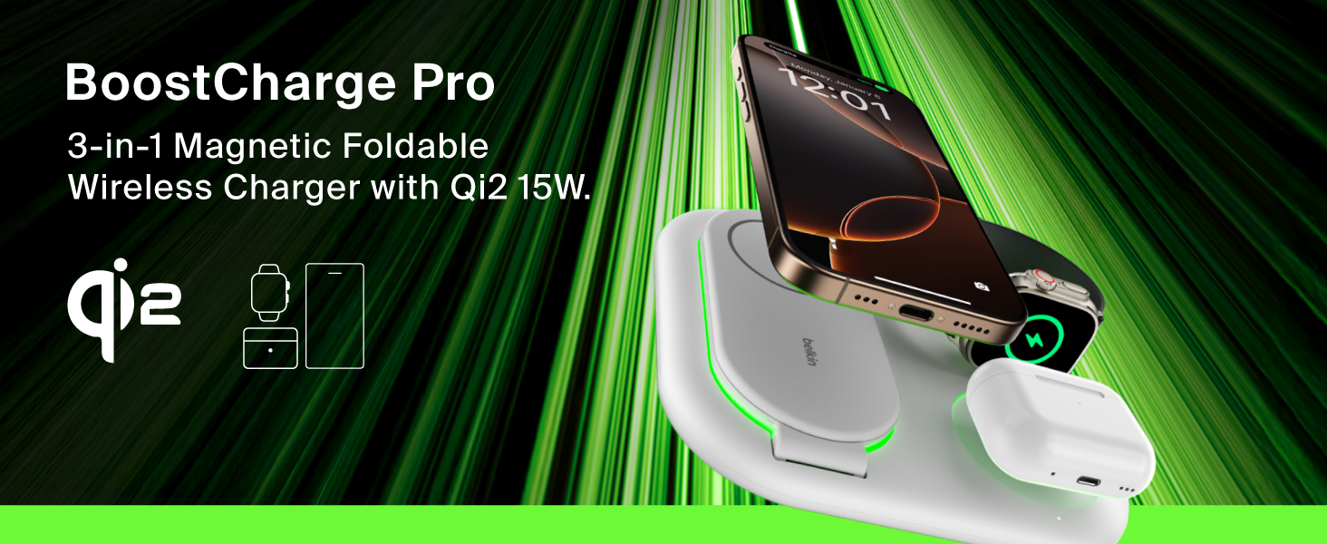 Image of belkin foldable 3-in-1 charger with text reading boostcharge pro.
