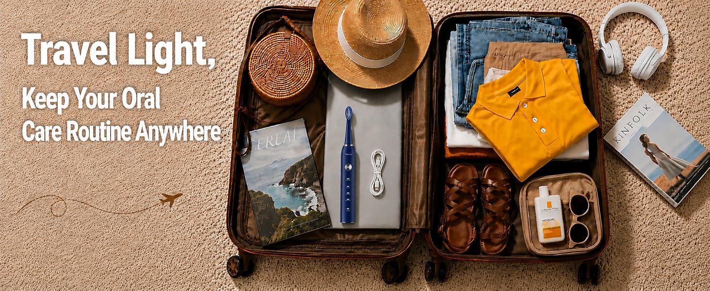 Text reads "Travel Light, Keep Your Oral Care Routine Anywhere." Overhead view of organized travel toiletries in beige container including toothbrush, toothpaste, soap, and various personal care items on sandy surface.