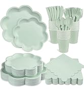 350 Pcs Sage Green Paper Plates and Napkins Set, 10" Dinner Plate, 8" Scalloped Dessert Plate, 9o...
