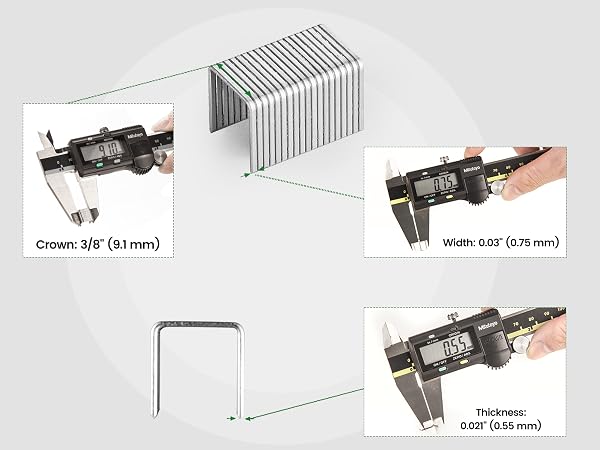 Staples size 3/8 inch 9.1 mm in crown, 0.03 inch 0.75mm in width, 0.021 0.55mm inch in thickness