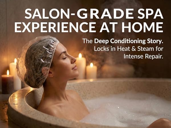 Luxury beauty consumer using shower cap for salon-grade deep conditioning, locking in heat at home.