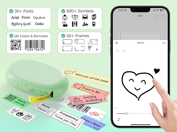 Label App: 40 fonts, 30 frames, 450+ icons for custom designs.