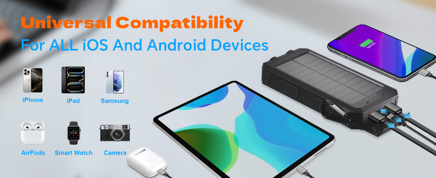 Solar Charger Power Bank 20000mAh with 4 Built-in Cables & 3 Foldable Panels