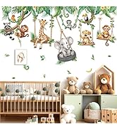 decalmile Jungle Animal on Swings Wall Stickers Safari Animal Elephant Giraffe Monkey Tropical Le...