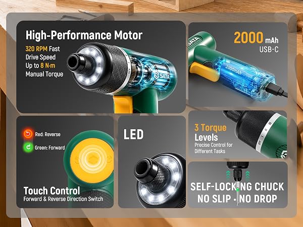 Cordless electric screwdriver with 320 RPM motor, 3 torque levels and LED work light