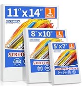 FIXSMITH Stretched Canvas for Painting, 5"x7", 8"x10", 11"x14", Pack of 3, Pre-Primed Canvases Wo...