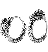 HZMAN Men Women 2pcs Punk Rock Silver Dragon Stainless Steel Perforated Round Stud Earrings Jewel...