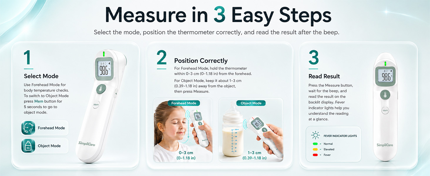 SimpliCare FC-IR206 infrared thermometer with forehead and object mode features
