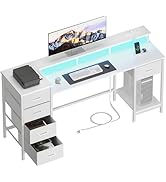 Korfile 55 Inch Computer Gaming Desk with Power Outlets LED Lights, Reversible Home Office with A...