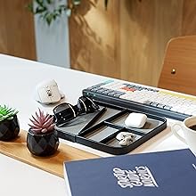 startup guide book with valet tray and keyboard desk setup
