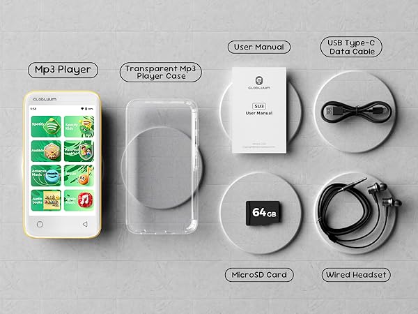 Box contents: MP3 player, clear case, user manual, USB-C data cable, wired headset, MicroSD card.