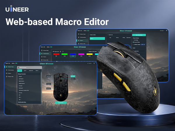 Text reads 'UINEER Web-based Macro Editor'. Gaming mouse with textured grip displayed alongside multiple interface windows showing macro editing software on screens.