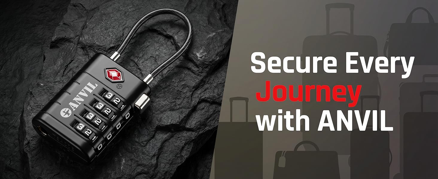 ANVIL TSA approved 4-digit cable luggage lock with steel cable, designed for secure airport travel.
